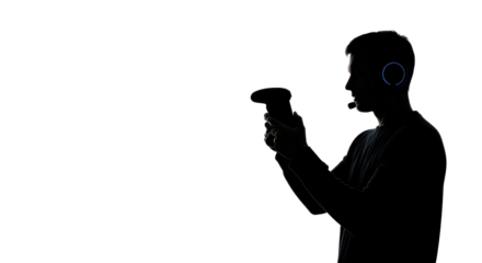 Silhouette of a man playing video games with a controller and headset isolated PNG with Transparent Background