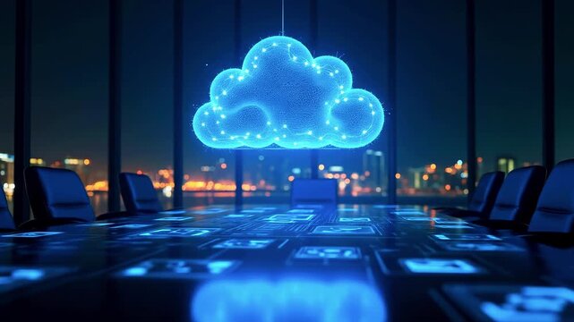Futuristic meeting room with a glowing cloud above the table; night city lights - Powered by Adobe