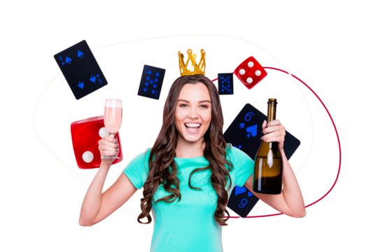 Composite photo collage of happy girl hold bottle glass casino game player chip crown party champagne bottle isolated on painted background