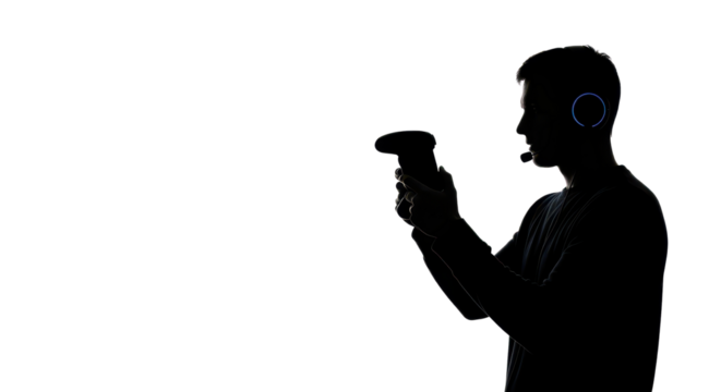 Silhouette of a man playing video games with a controller and headset isolated PNG with Transparent Background