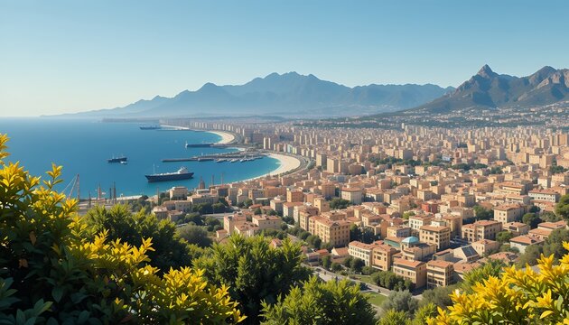 A panoramic coastal cityscape featuring a vibrant shoreline with mountains in the distance under a