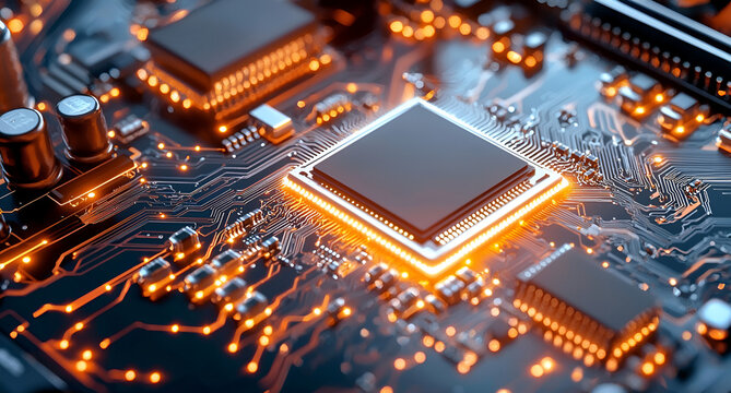 Advanced circuit board glowing with energy and futuristic technology