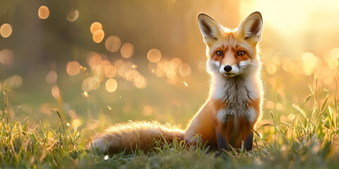 Fototapeta premium Curious fox in golden hour sunlight, nature's magic unfolds