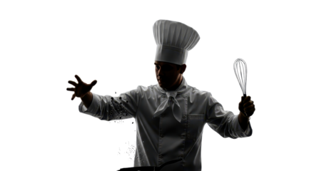 Chef silhouette with chef's hat holding whisk on white background