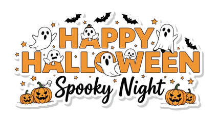 Happy Halloween Spooky Night: A festive illustration featuring pumpkins, ghosts, and bats, ready for a night of tricks and treats. The cheerful display is perfect for seasonal celebrations. 