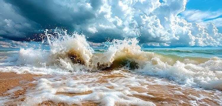 Powerful ocean wave crashing on sandy beach with dramatic clouds