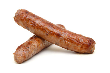 Stack of cooked sausages on white background 