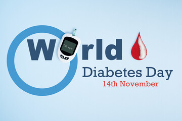 November 14 World Diabetes Day, healthcare and medical awareness theme, blood sugar glucose meter, blue circle sign of diabetes awareness.