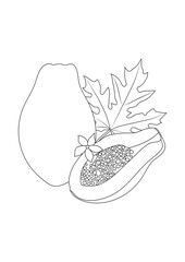 A simple outline drawing of a papaya with a leaf and a delicious half decorated with cuties. A minimalist illustration with a black outline for coloring books, packaging, printed materials.