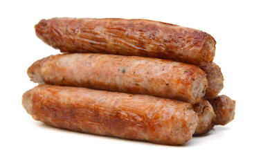 Stack of cooked sausages on white background 