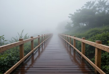 Fototapeta premium foggy wooden pathway flanked by lush greenery disappearing into the misty horizon creating a