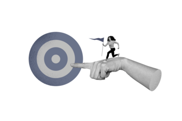 Creative picture running persistent woman achieve goal target finish flag destination pointing hand finger reach success