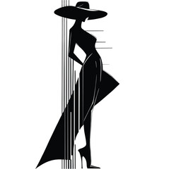 Stylish female silhouette wearing a wide hat and long dress, drawn in sleek black minimal vector art. Ideal for fashion branding, luxury design, posters, and editorial artwork