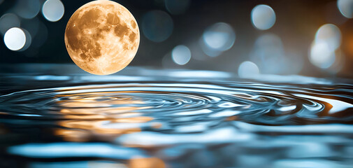 Golden full moon reflects on rippling water surface at night