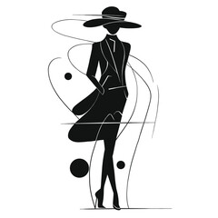 Elegant female silhouette in a hat and long coat created in minimal black line art style. Perfect for fashion branding, posters, boutique logos, and editorial design
