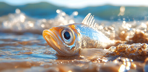 Small fish stranded on shore, ocean wave splashes sparkle