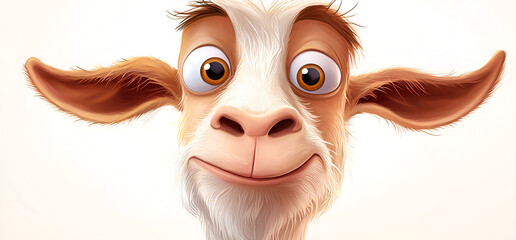 Funny cartoon goat with big eyes and ears smiles widely