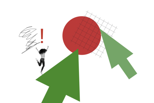 Trend artwork image collage of workspace trader analyze finance budget  young lady run back on huge arrow grow up show direction circle