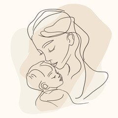 Gentle minimalist line art of a mother holding her baby, symbolizing love, care, and motherhood. Perfect for family, maternity, healthcare, and emotional design projects