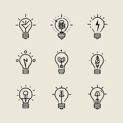 Collection of nine light bulb icons drawn in clean black line art on beige background. Perfect for innovation, idea, creativity, energy, and technology design projects