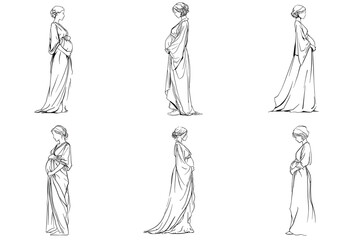 Collection of graceful pregnant women in long dresses drawn in clean black line art style. Ideal for maternity design, motherhood themes, posters, and health branding