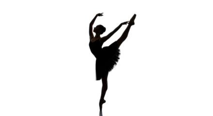 Silhouette of a ballerina dancer performing arabesque on white background