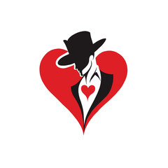 Stylized male silhouette wearing a hat inside a red heart shape. Modern vector logo representing love, romance, passion, and elegance. Perfect for dating, fashion, or Valentine’s design themes