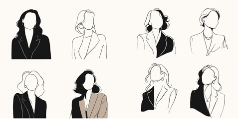 Collection of elegant female portraits in minimalist line art and neutral colors. Perfect for fashion branding, social media, posters, and editorial design concepts