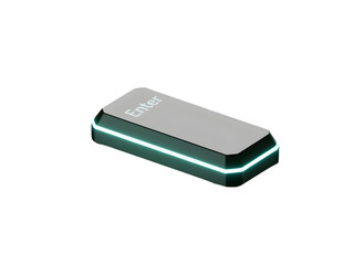 3D Enter key button with vibrant cyan neon glowing edge for technology, gaming, or computing isolated on transparent background