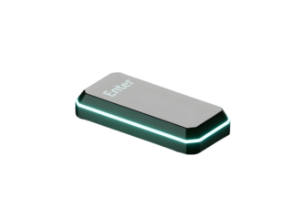 3D Enter key button with vibrant cyan neon glowing edge for technology, gaming, or computing isolated on transparent background