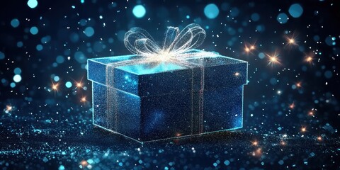 A beautifully wrapped abstract blue gift box glows with sparkling lights in a dark- magical setting- evoking a sense of wonder and celebration.