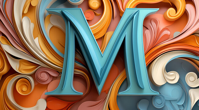 Bold letter M design with elegant swirling abstract shapes