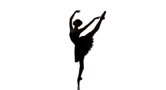 Silhouette of a ballerina dancer performing arabesque on white background