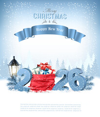 Merry Christmas and Happy New Year 2022. Blue 3D numbers with a red sack full presents on a winter landscape background. Vector