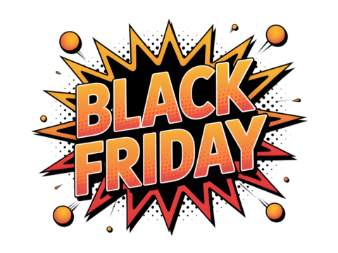 Black friday sale explosion graphic with orange and yellow text, isolated on transparent background