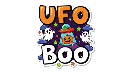 UFO Boo: A playful illustration blending the thrill of Halloween with the mystery of the cosmos, featuring a UFO, adorable ghost figures, a jack-o'-lantern, and stars.