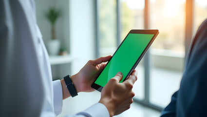 A person holds a digital tablet with green screen in business environment.