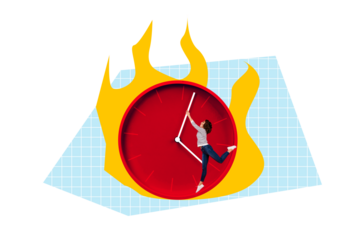 Creative collage picture young woman deadline clock alarm urgency schedule hour minute flame fire burning late miss checkered background