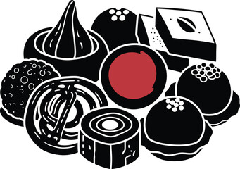 Assortment of black silhouette chocolate truffles and sweets with a single, contrasting deep red, centered bonbon, creating an appetizing and modern graphic design for confectionery, dessert.
