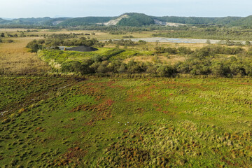 Aerial view of a large solar power plant construction site near Kushiro Wetland, Hokkaido, Japan – Editorial Use Only