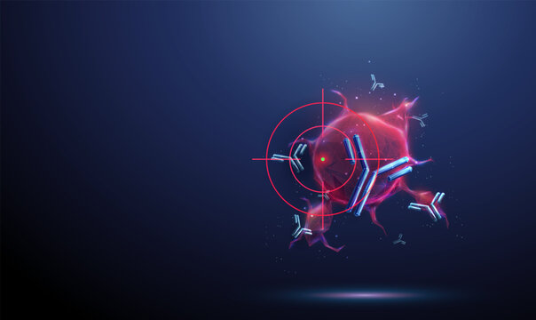 Red tumor with flying antibodies around and a target. Cancer treatment, targeted immunotherapy, monoclonal antibody therapy, precision medicine concept.