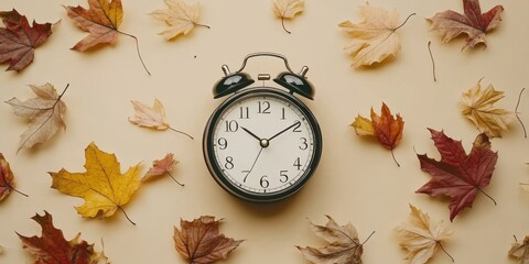 A classic alarm clock surrounded by scattered autumn leaves on a beige background- evoking the passing of time in fall.