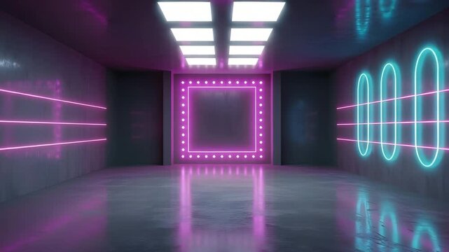 A futuristic corridor with neon pink and blue lights, reflecting on a polished concrete floor