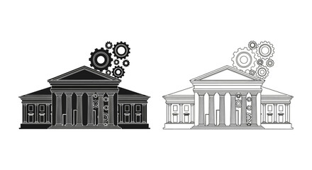 Fototapeta premium Two building illustrations, one dark and one light, with gears floating above, suggesting industry or progress.