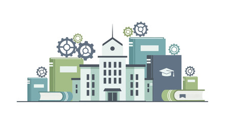 Fototapeta premium Illustration of a building surrounded by books and gears, representing knowledge and learning.