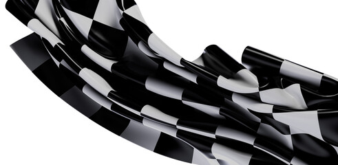 A waving black and white checkerboard racing flag isolated on a white background, offering a sense...