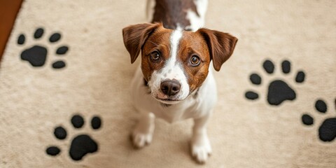 A curious brown and white dog standing on a beige carpet with playful black paw prints- looking up at the camera.