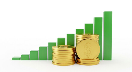 Stacks of gold coins and green bar graph showing growth isolated on white background, representing financial success and investment