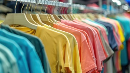 Fototapeta premium Colorful Fashion Retail: Hanging Shirts, Dresses & Apparel—From Boutique Racks to Home Closets