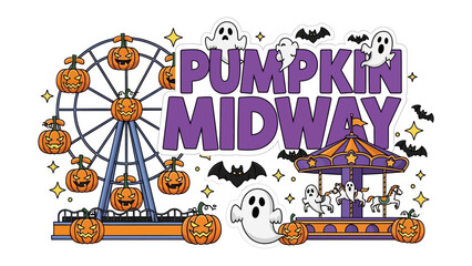 Pumpkin Midway Illustration: A whimsical illustration invites you to a festive pumpkin midway, showcasing a pumpkin-adorned Ferris wheel, a spooky carousel, and playful ghosts. © FARHANA